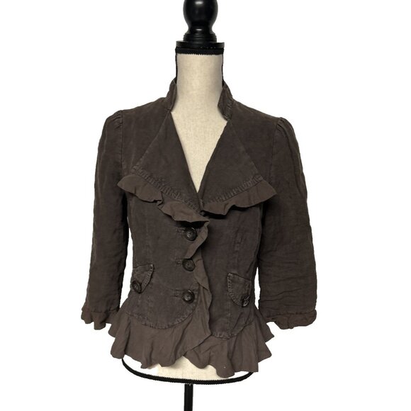 Anthropologie Cidra Women’s Linen Jacket Brown Size 10 Victorian Ruffle Peplum - Picture 1 of 6